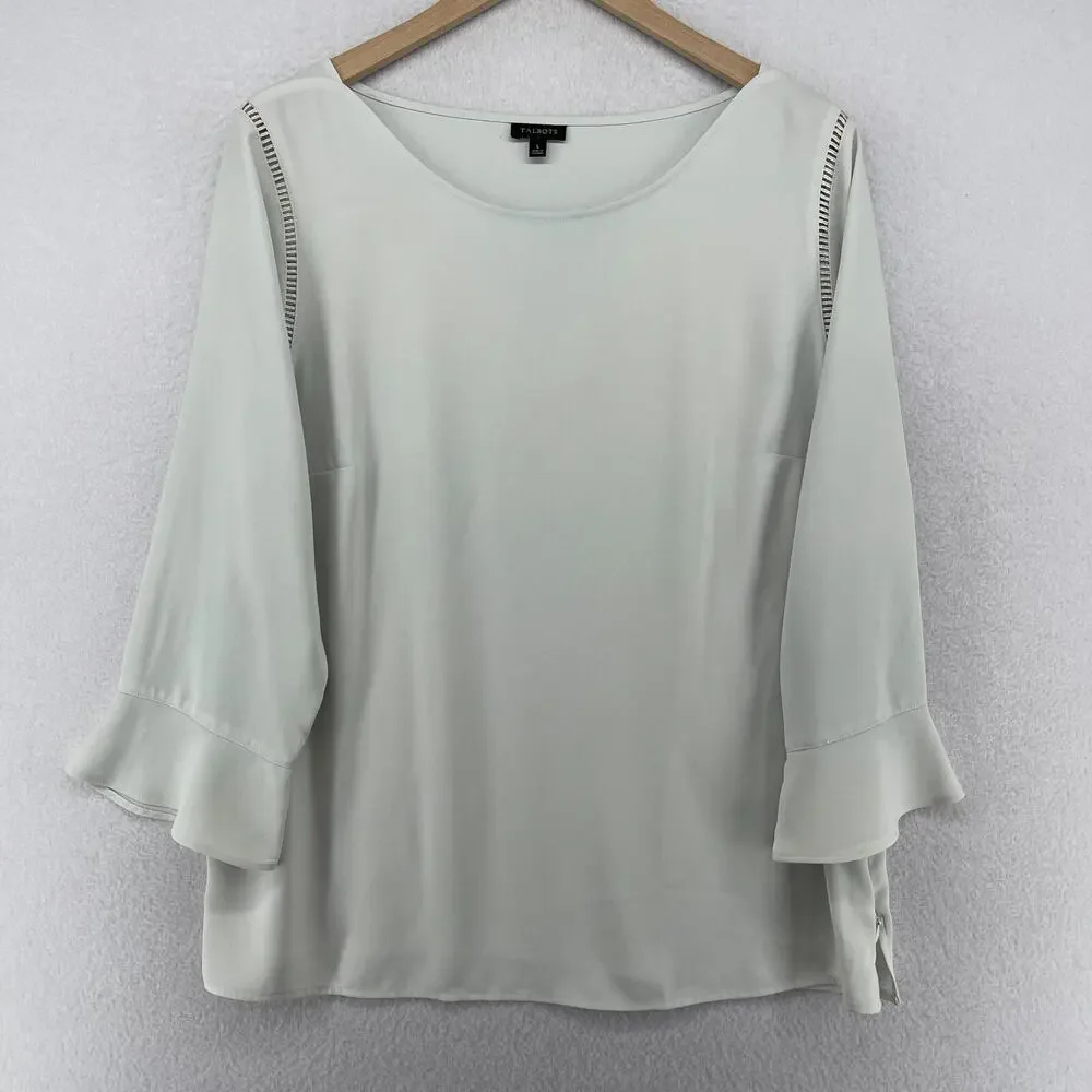 TALBOTS Top L Crepe Boat Neck Lace Trim Bell Sleeve Blouse Gray
